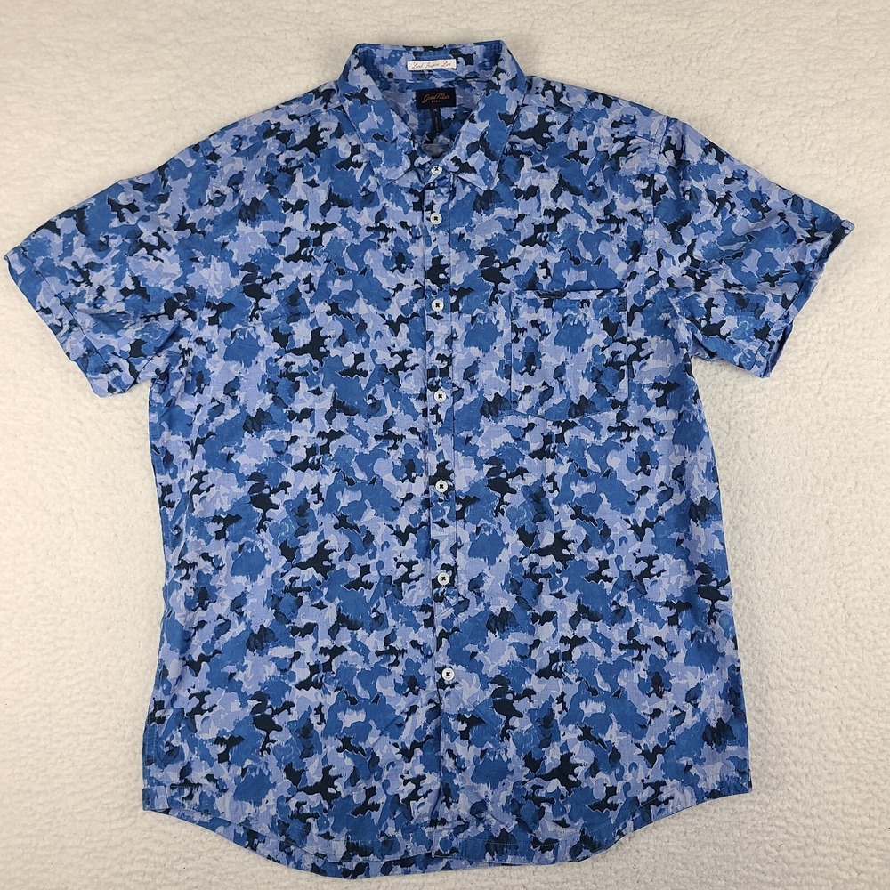 Goodman Shirt Mens XL‎ Blue Geometric Cotton Casual Hawaiian Button Up